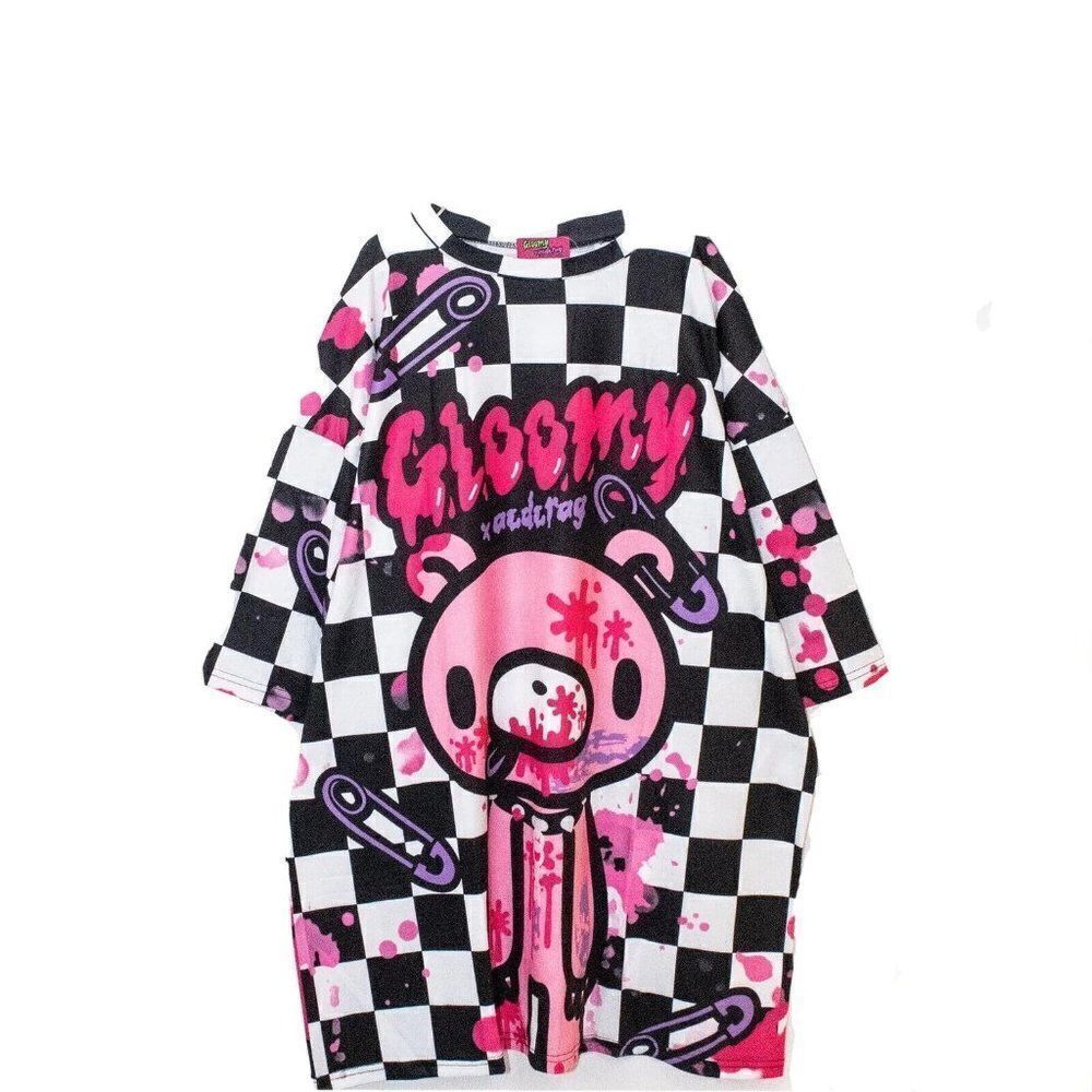 Gloomy Bear Black & White Checkered Kawaii Punk Emo XXL T shirt Men Unisex